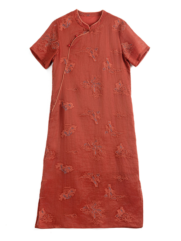 Ramie izvezeni cheongsam haljina s uspravnim ovratnikom, prednja tri gumba, kineski stil, književno retro, ljetna kolekcija 2025