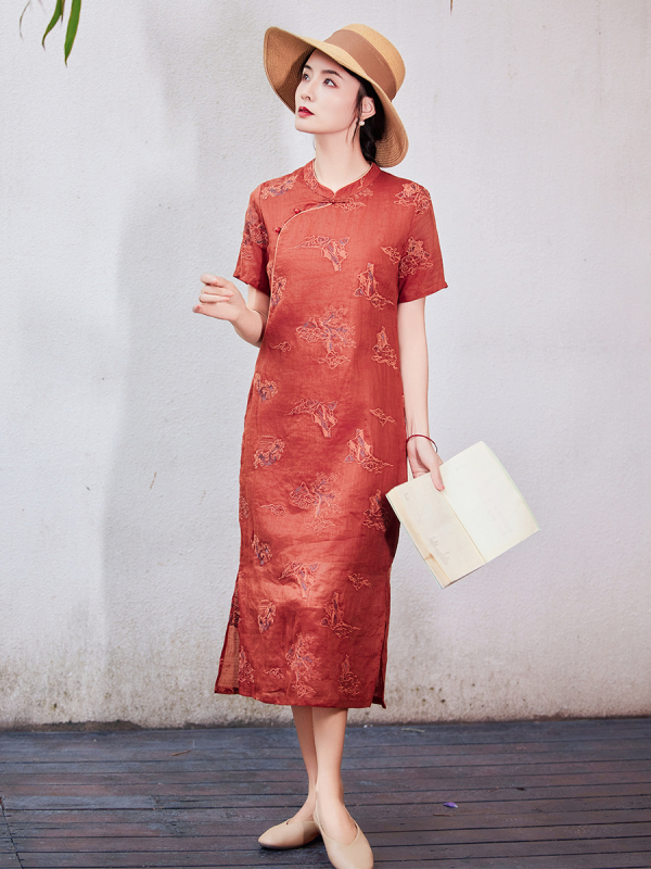 Ramie izvezeni cheongsam haljina s uspravnim ovratnikom, prednja tri gumba, kineski stil, književno retro, ljetna kolekcija 2025
