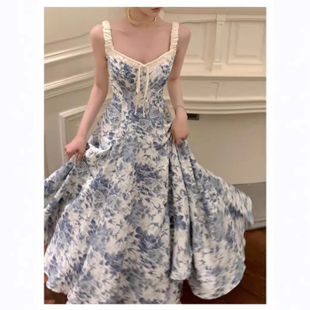 Haljina s trakama i cvjetnim uzorkom, novi kineski stil, retro elegancija, tekući A-linijski kroj, duga haljina s V-izrezom, idealna za odmor na plaži