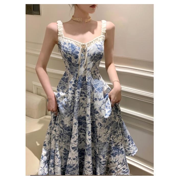 Haljina s trakama i cvjetnim uzorkom, novi kineski stil, retro elegancija, tekući A-linijski kroj, duga haljina s V-izrezom, idealna za odmor na plaži