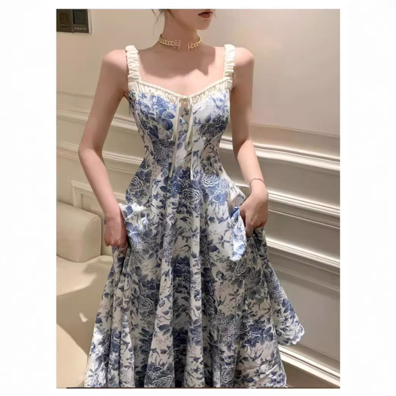 Haljina s trakama i cvjetnim uzorkom, novi kineski stil, retro elegancija, tekući A-linijski kroj, duga haljina s V-izrezom, idealna za odmor na plaži