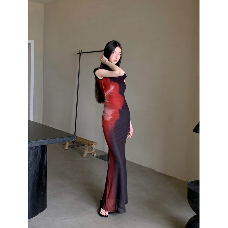 Qipao haljina s visokim strukom, dugi rukavi, srednje duljine, crno-crveni print, tkanina od konoplje, ulični stil