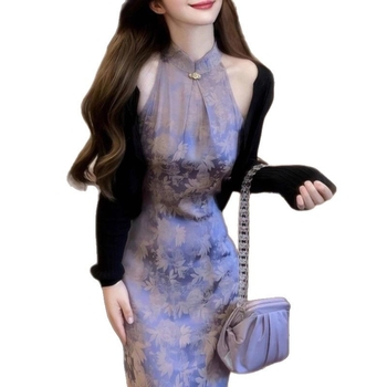Purpurna tiskana haljina bez rukava s halter izrezom, žene, midi duljina, kineski stil, ljeto 2025.