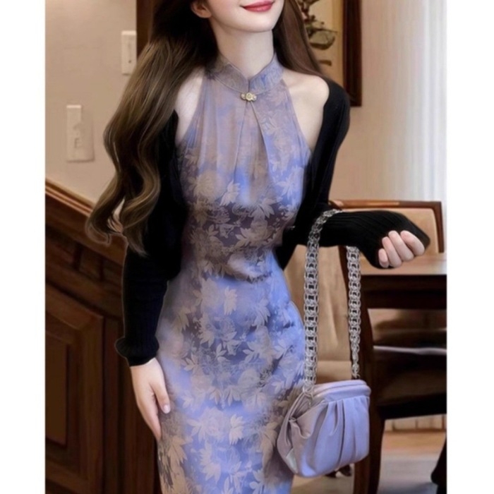 Purpurna tiskana haljina bez rukava s halter izrezom, žene, midi duljina, kineski stil, ljeto 2025.