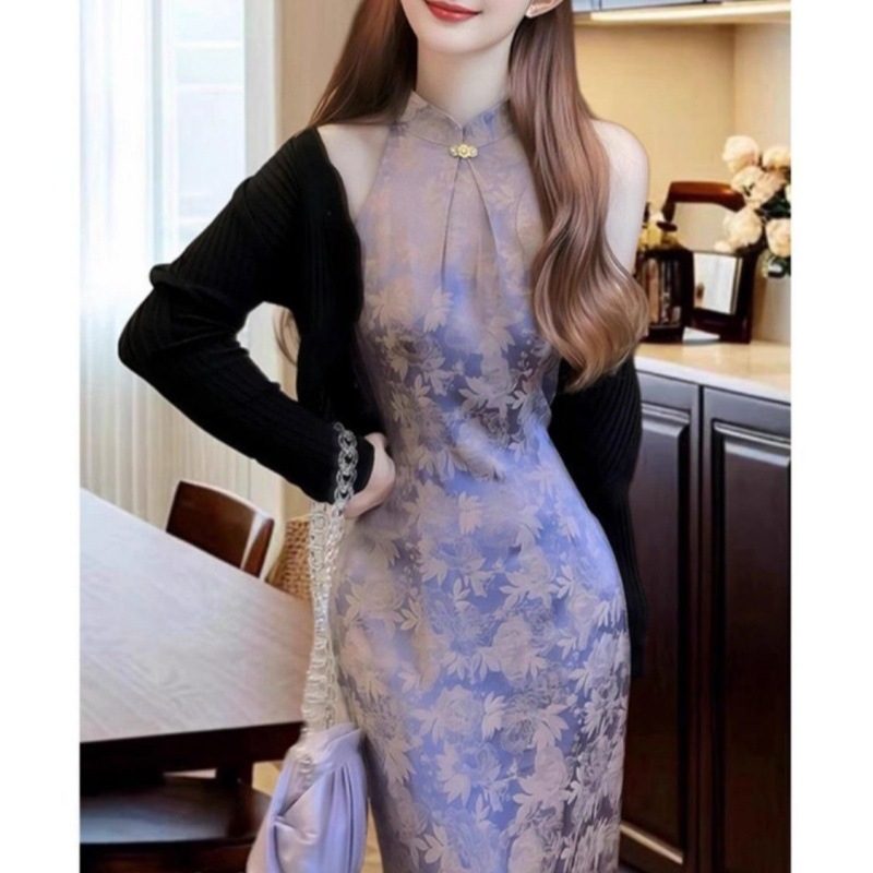 Purpurna tiskana haljina bez rukava s halter izrezom, žene, midi duljina, kineski stil, ljeto 2025.