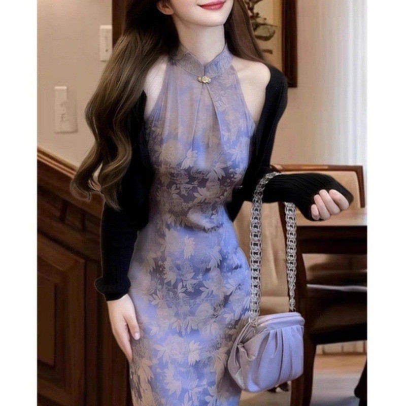 Purpurna tiskana haljina bez rukava s halter izrezom, žene, midi duljina, kineski stil, ljeto 2025.