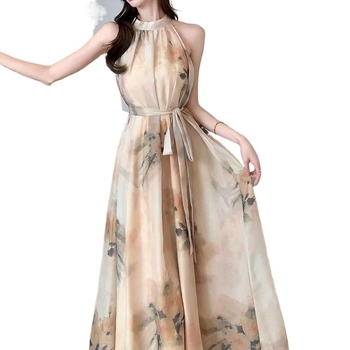 Chunye Girl: Új kínai stílusú chiffon halterneck ruha, elegáns szabásvonal, kiemelt derék, vállak szabadon, nyaralási ruházat kínai ihlettel