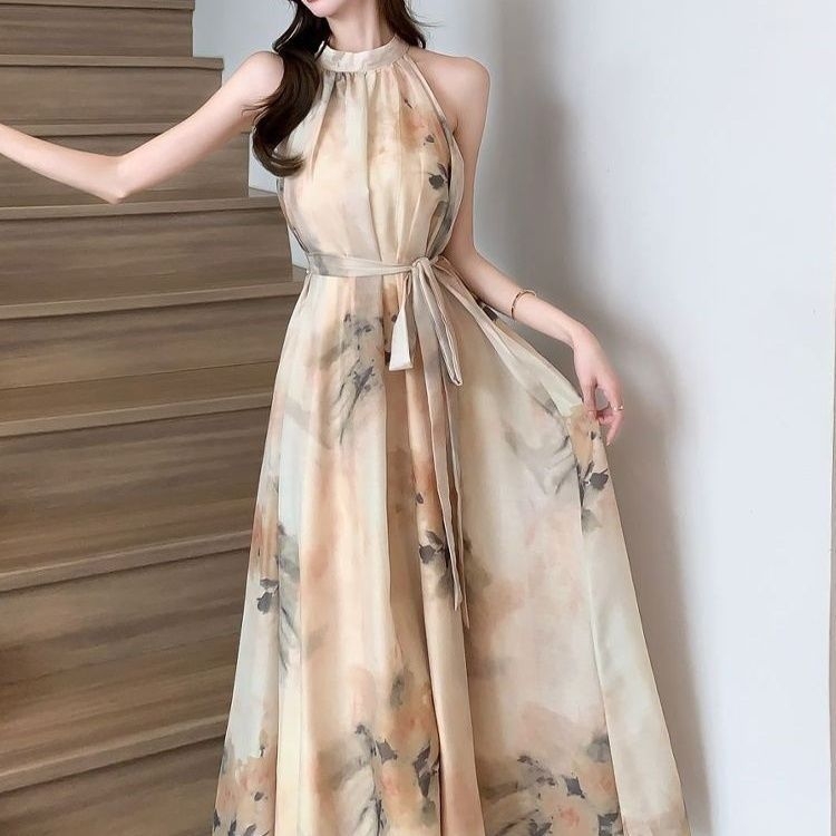 Chunye Girl: Új kínai stílusú chiffon halterneck ruha, elegáns szabásvonal, kiemelt derék, vállak szabadon, nyaralási ruházat kínai ihlettel