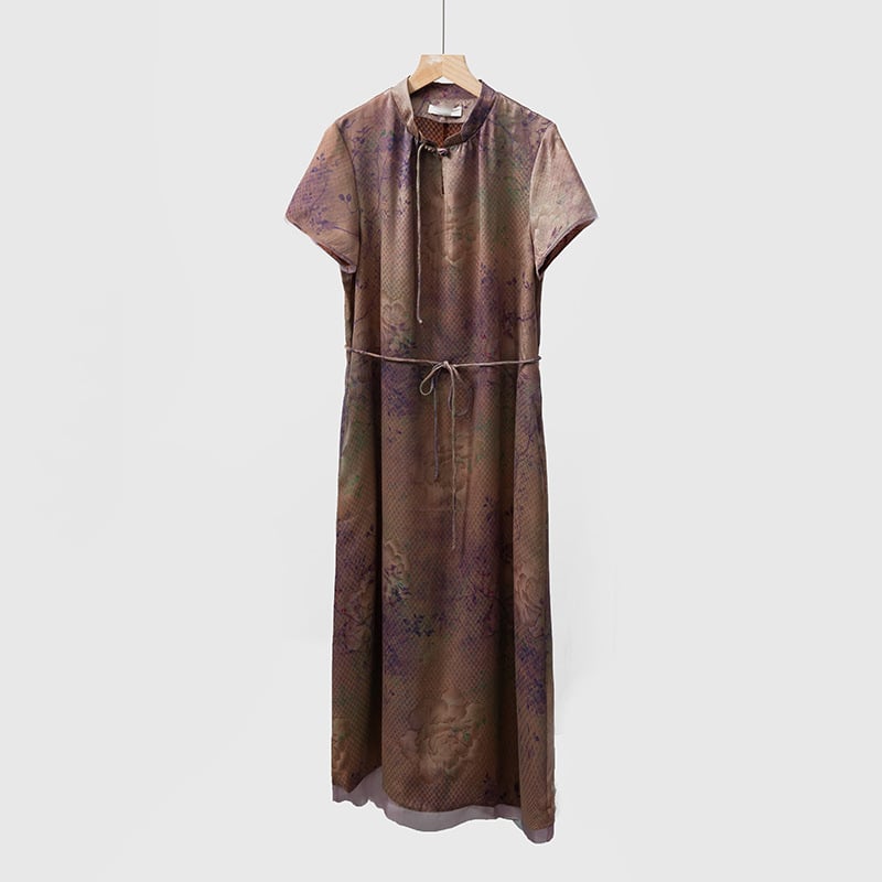 Jacquard haljina od svile sa stojećim ovratnikom, novi kineski stil, opuštena linija, A-linija, 100% svila