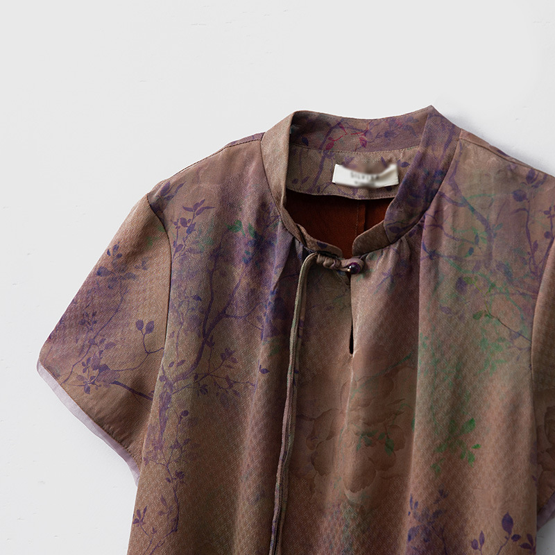 Jacquard haljina od svile sa stojećim ovratnikom, novi kineski stil, opuštena linija, A-linija, 100% svila