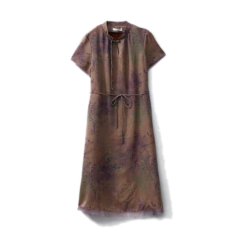 Jacquard haljina od svile sa stojećim ovratnikom, novi kineski stil, opuštena linija, A-linija, 100% svila