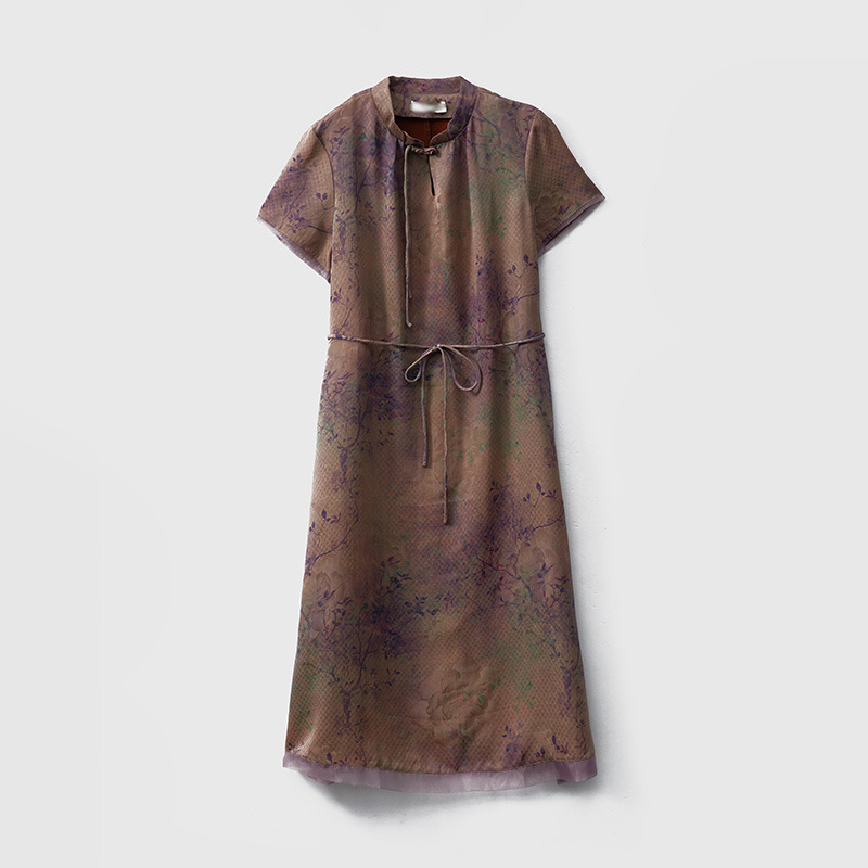 Jacquard haljina od svile sa stojećim ovratnikom, novi kineski stil, opuštena linija, A-linija, 100% svila