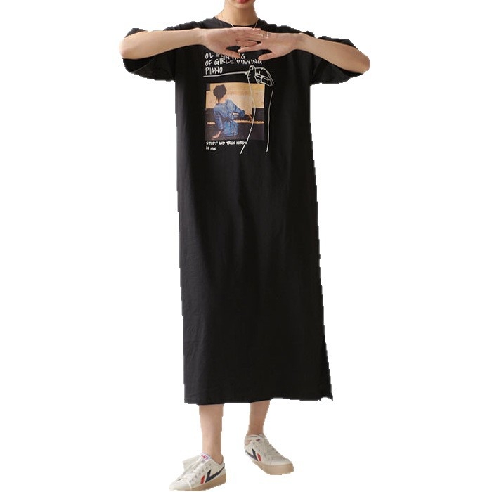 Haljina za žene plus veličine, ljetni korejski stil, vitka duga haljina do koljena, pogodna do 100 kg