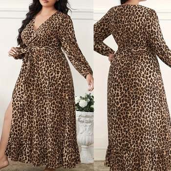 Leopard mintás hosszú ujjú ruha, V-nyakú, oldalsó hasítás, szabálytalan szegély, magas derekú – nőknek