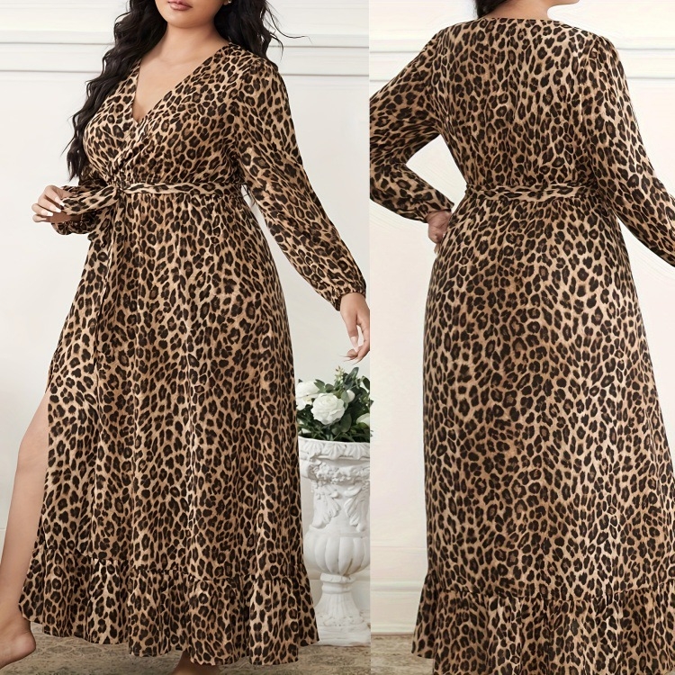 Leopard mintás hosszú ujjú ruha, V-nyakú, oldalsó hasítás, szabálytalan szegély, magas derekú – nőknek