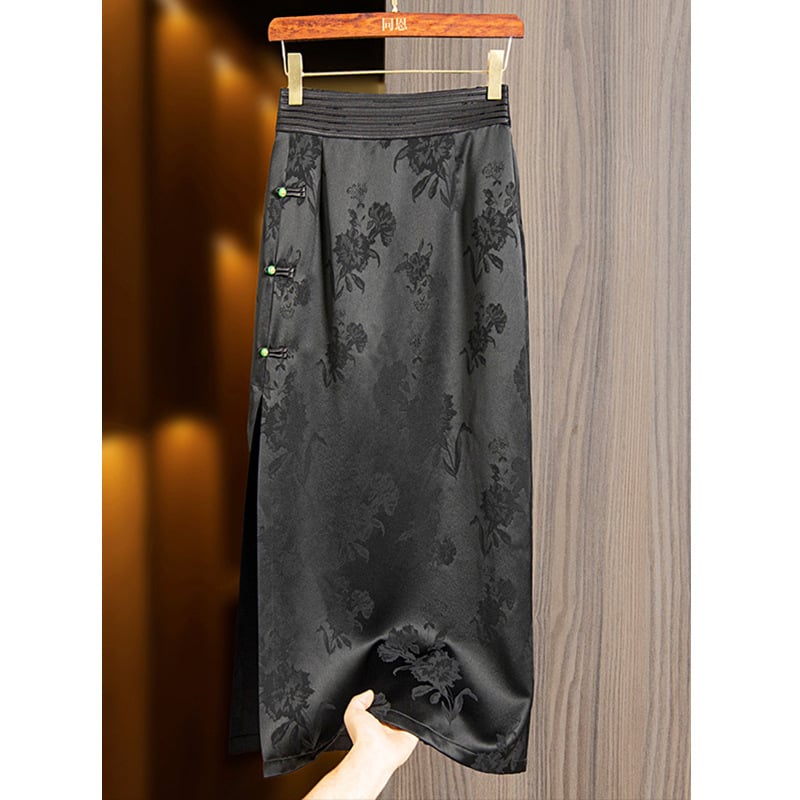 768 Crna acetatna žakard suknja s bočnim šlicem, midi dužine, za žene, veličine S, M, L, XL