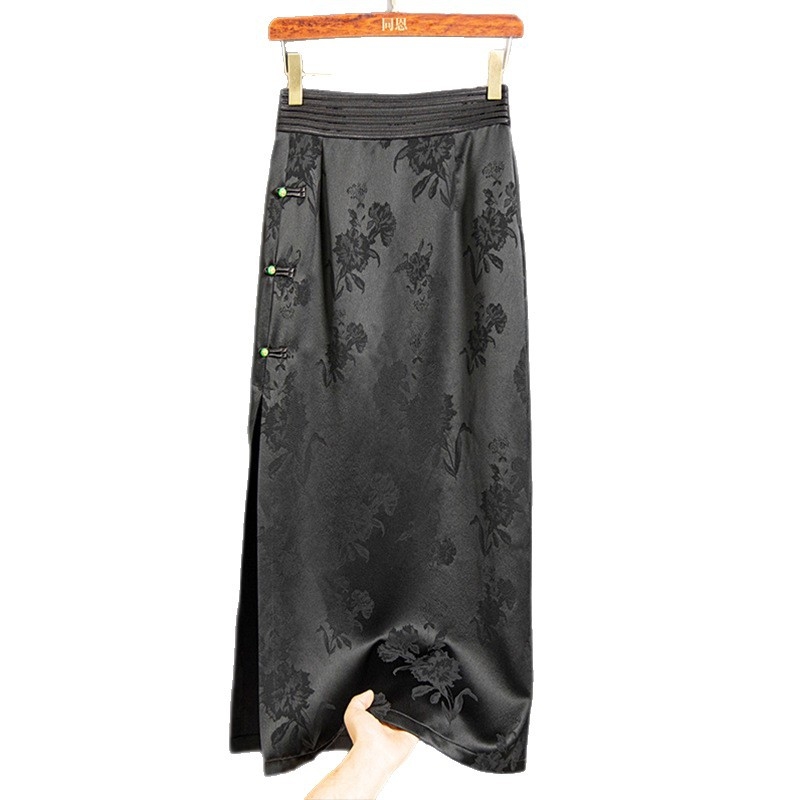 768 Crna acetatna žakard suknja s bočnim šlicem, midi dužine, za žene, veličine S, M, L, XL