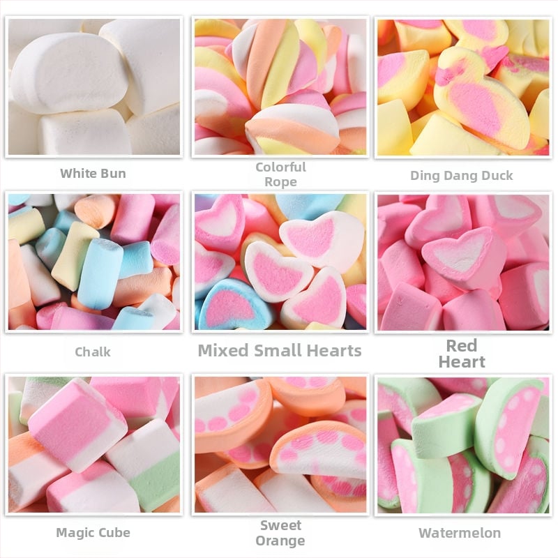 Detské ovocné gumové cukríky a marshmallow na pečenie a zdobenie tort, srdiečka a snehové vločky