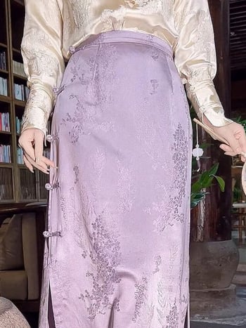 Purpurna jacquard suknja s biljnom bojom, novi kineski stil, retro kroj, uski struk, kopča s kineskim čvorom i šlicem
