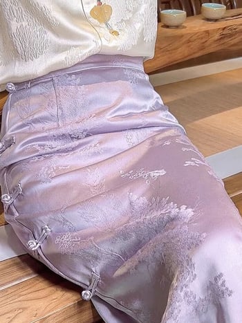 Purpurna jacquard suknja s biljnom bojom, novi kineski stil, retro kroj, uski struk, kopča s kineskim čvorom i šlicem