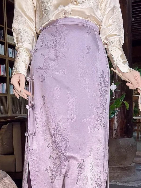 Purpurna jacquard suknja s biljnom bojom, novi kineski stil, retro kroj, uski struk, kopča s kineskim čvorom i šlicem