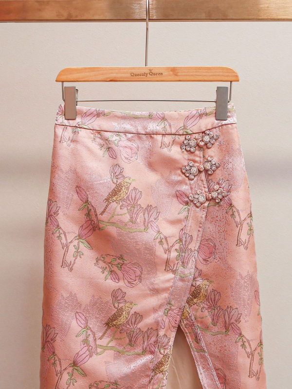 BALISGA jacquard midi suknja s bočnim prorezom, raskošna vez, kineski stil, poliester
