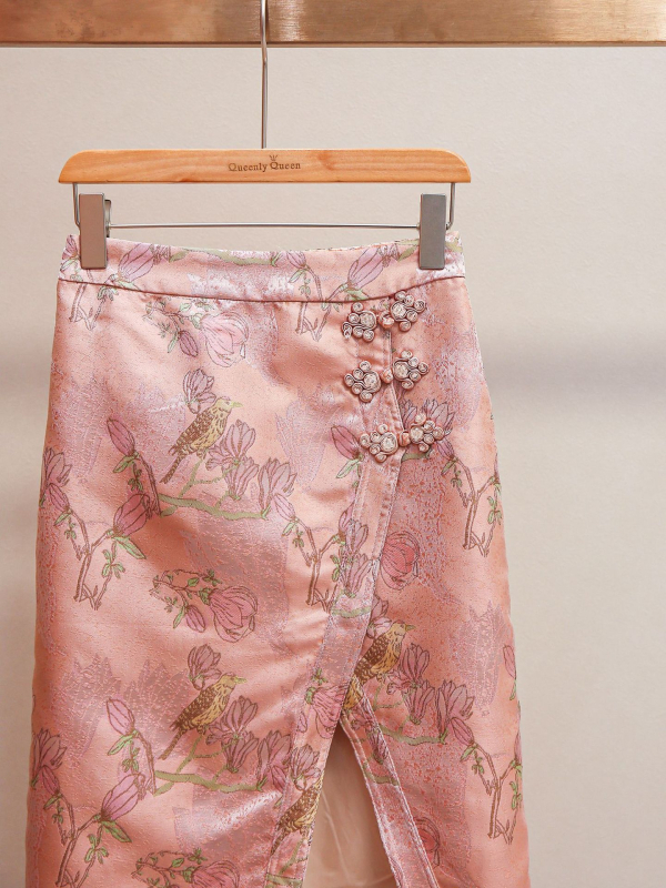 BALISGA jacquard midi suknja s bočnim prorezom, raskošna vez, kineski stil, poliester