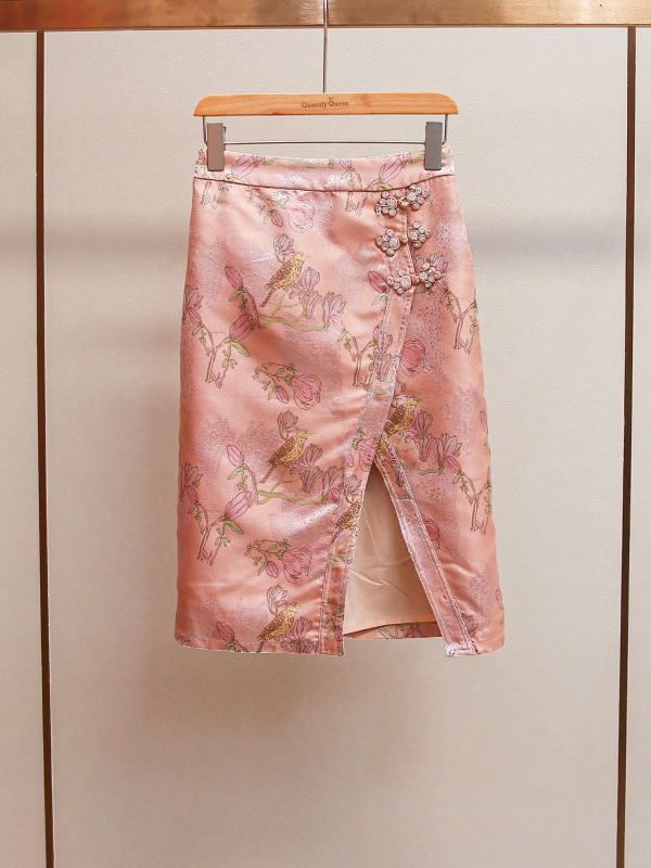 BALISGA jacquard midi suknja s bočnim prorezom, raskošna vez, kineski stil, poliester