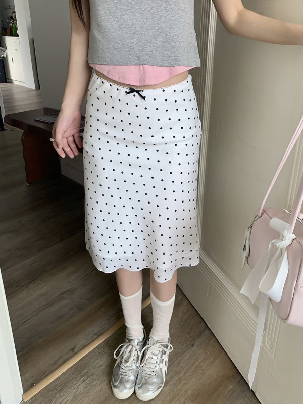 Little Fairy Ni Zi bijela A-linijska suknja, visokim strukom, s točkastim uzorkom, midi duljine, elegantna i vitka