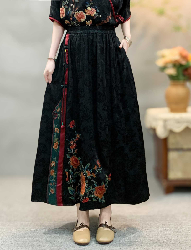 2025 proljeće jednobojna satin jacquard suknja za žene s patchworkom, kineskog stila, umjetnički vez