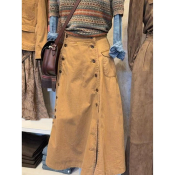 Smeđa midi suknja visokoga struka s kopčama, inspirirana američkim retro stilom, casual elegantan jesenski komad