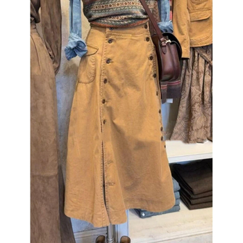 Smeđa midi suknja visokoga struka s kopčama, inspirirana američkim retro stilom, casual elegantan jesenski komad