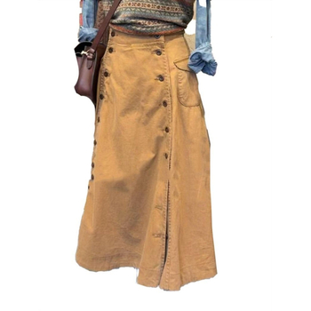 Smeđa midi suknja visokoga struka s kopčama, inspirirana američkim retro stilom, casual elegantan jesenski komad
