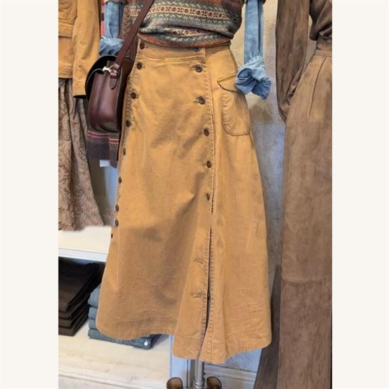 Smeđa midi suknja visokoga struka s kopčama, inspirirana američkim retro stilom, casual elegantan jesenski komad