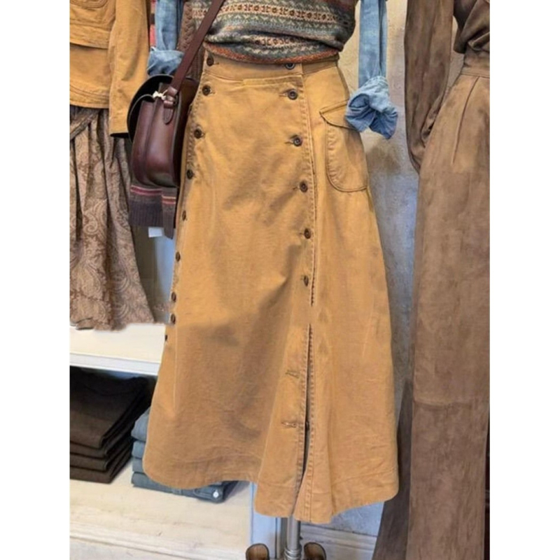 Smeđa midi suknja visokoga struka s kopčama, inspirirana američkim retro stilom, casual elegantan jesenski komad
