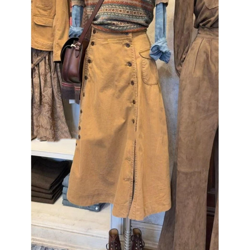 Smeđa midi suknja visokoga struka s kopčama, inspirirana američkim retro stilom, casual elegantan jesenski komad