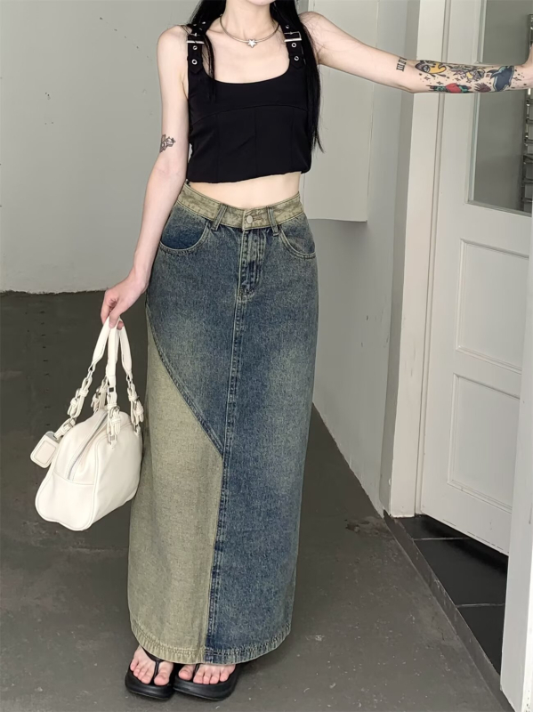 Denim suknja s prorezom, hongkonški retro stil, za žene, visokog struka, A-linija, duga suknja, proljeće