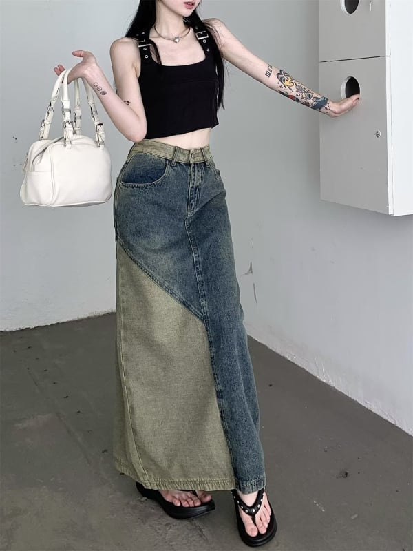 Denim suknja s prorezom, hongkonški retro stil, za žene, visokog struka, A-linija, duga suknja, proljeće