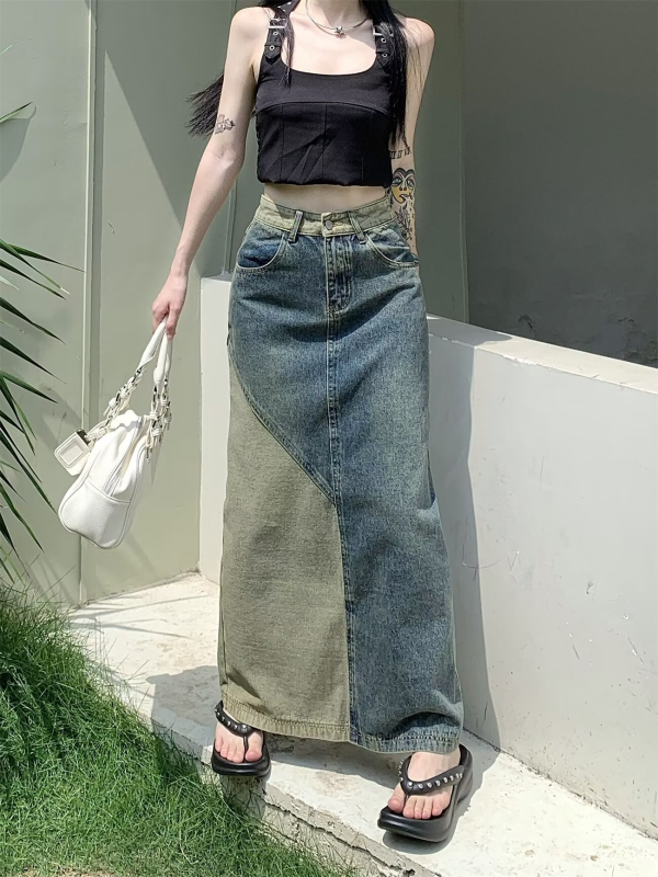 Denim suknja s prorezom, hongkonški retro stil, za žene, visokog struka, A-linija, duga suknja, proljeće
