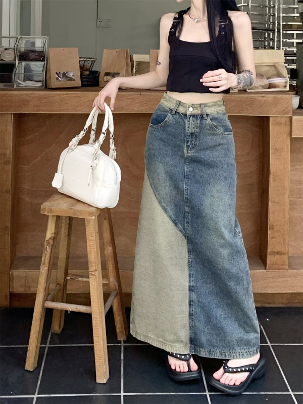 Denim suknja s prorezom, hongkonški retro stil, za žene, visokog struka, A-linija, duga suknja, proljeće