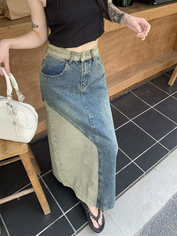 Denim suknja s prorezom, hongkonški retro stil, za žene, visokog struka, A-linija, duga suknja, proljeće