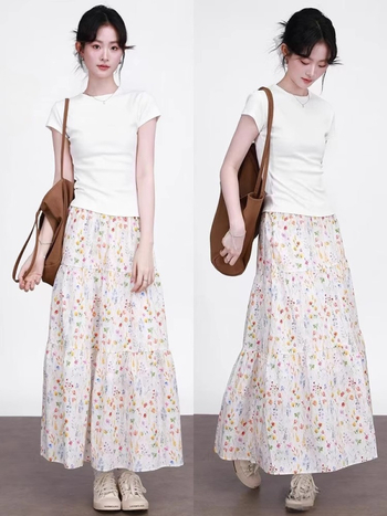 Korejski stil, bijela vintage cvjetna midi suknja za žene, ljeto, visoki pojas, A-linja, voluminozna