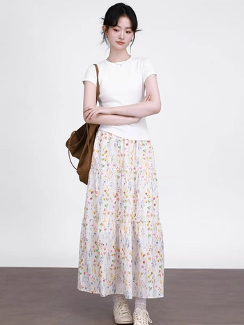 Korejski stil, bijela vintage cvjetna midi suknja za žene, ljeto, visoki pojas, A-linja, voluminozna