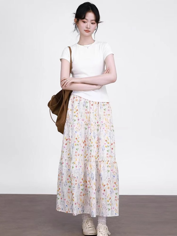 Korejski stil, bijela vintage cvjetna midi suknja za žene, ljeto, visoki pojas, A-linja, voluminozna