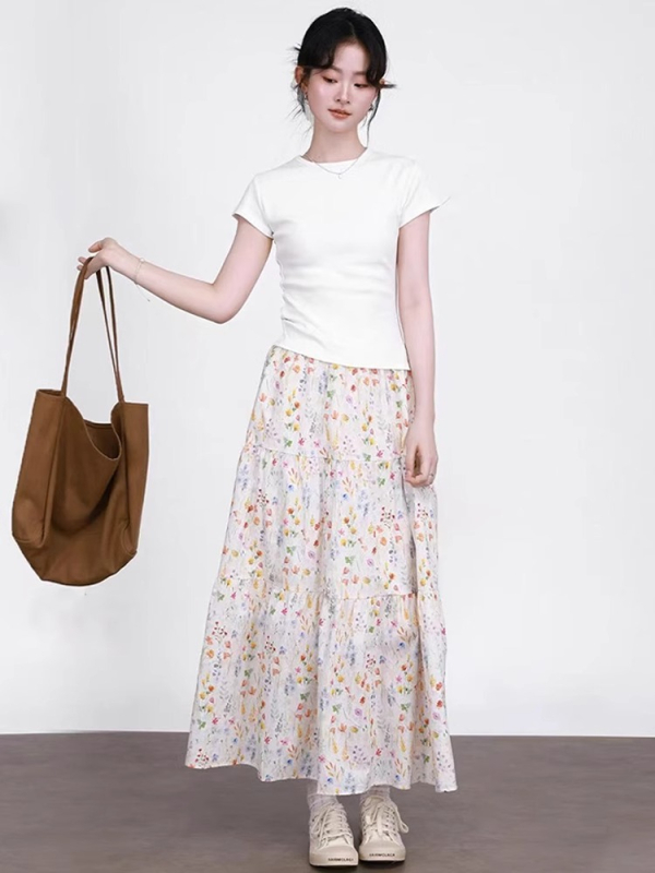 Korejski stil, bijela vintage cvjetna midi suknja za žene, ljeto, visoki pojas, A-linja, voluminozna