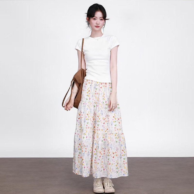 Korejski stil, bijela vintage cvjetna midi suknja za žene, ljeto, visoki pojas, A-linja, voluminozna