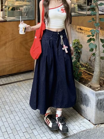 Ženska džins midi suknja s visokim strukom, plisirana, A-linija u obliku kišobrana, casual stil