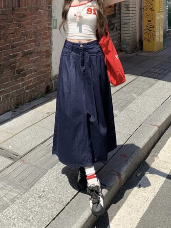 Ženska džins midi suknja s visokim strukom, plisirana, A-linija u obliku kišobrana, casual stil