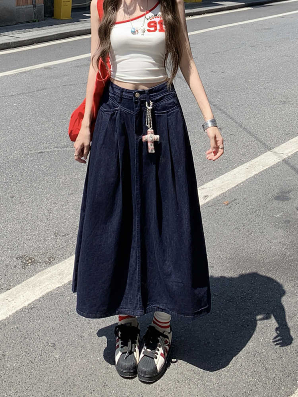Ženska džins midi suknja s visokim strukom, plisirana, A-linija u obliku kišobrana, casual stil