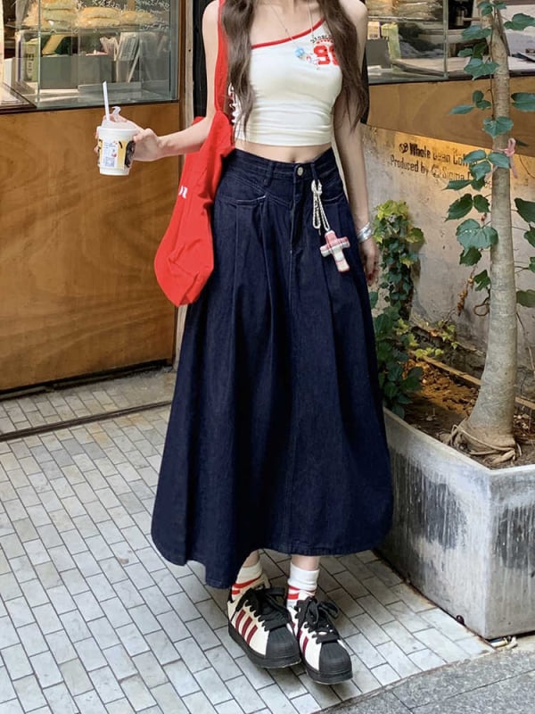 Ženska džins midi suknja s visokim strukom, plisirana, A-linija u obliku kišobrana, casual stil
